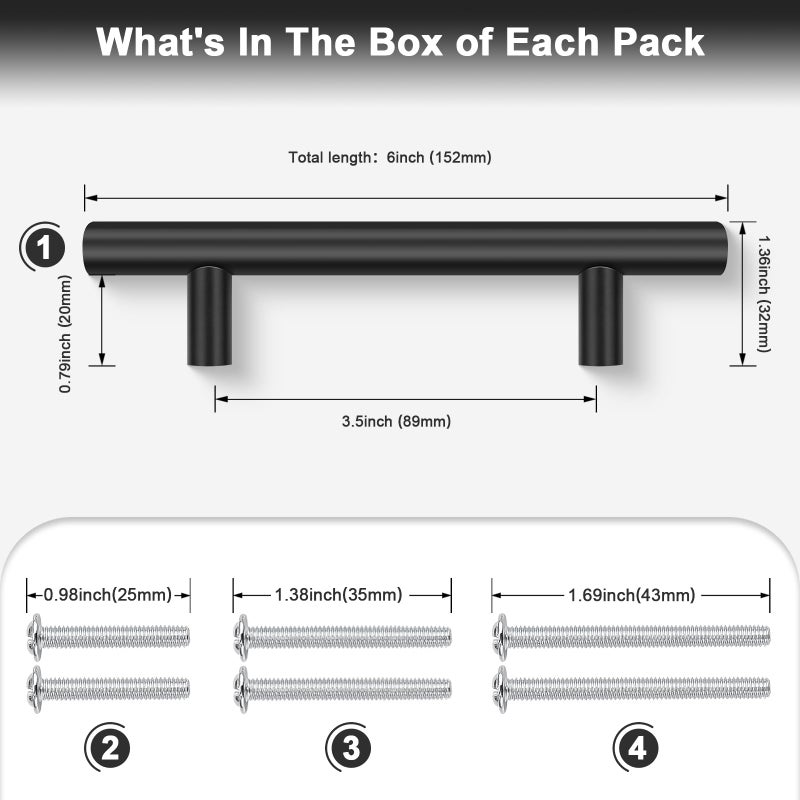 Probrico 5 Pack Holes Spacing(90mm) 3.5inch Flat Black Kitchen Cabinet Handles, Stainless Steel Dresser Drawer Pulls,6inch Length Euro T Bar Pull Handle for Closet - Image 2